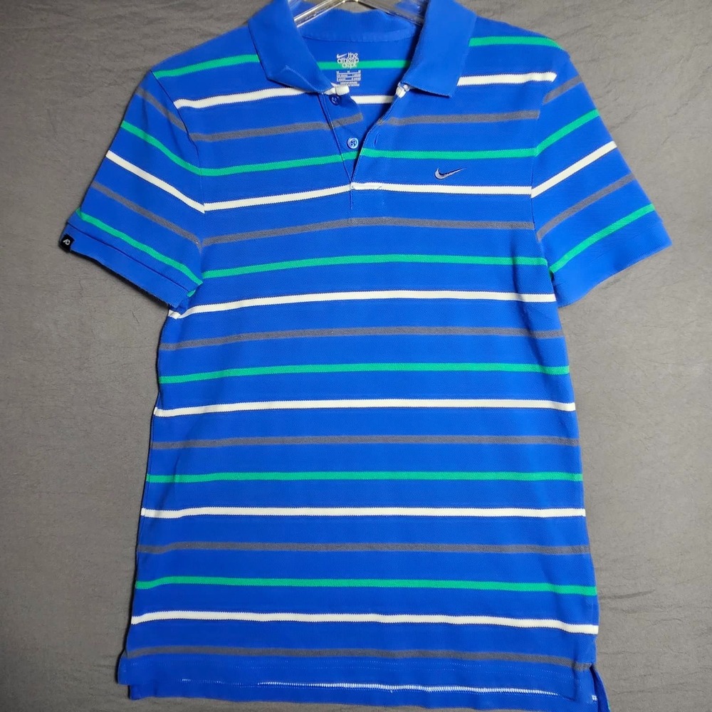 Nike The Athletic Dept Mens Polo Shirt M Blue Green White Striped Short Sleeve